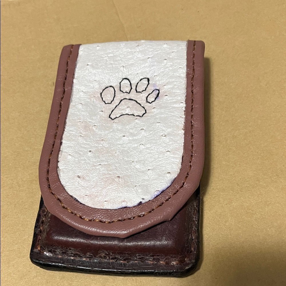 White and Pink Leather Belt Pouch with Paw Accent